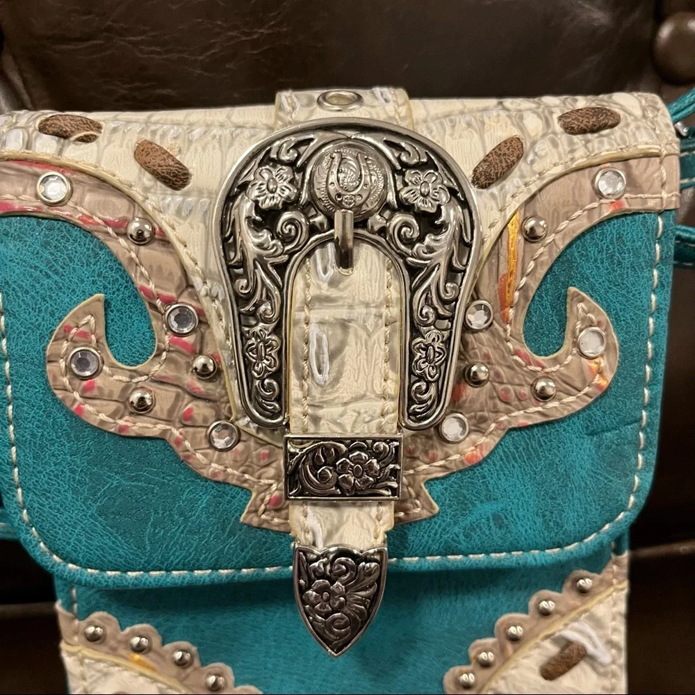 Crossbody purse turquoise/white/taupe - Picture 2 of 6